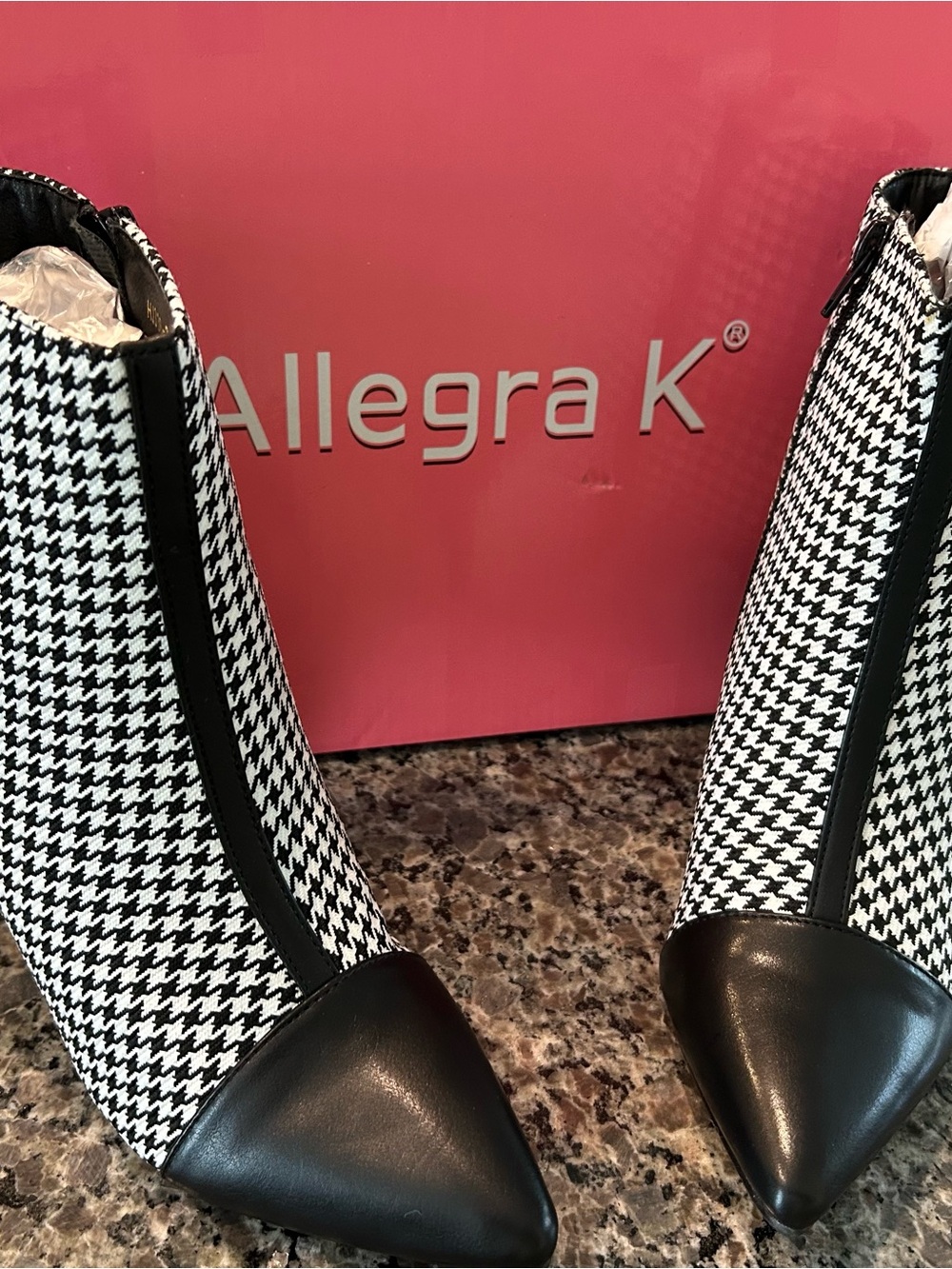 Allegra K Black & White Houndstooth Pointed Toe Ankle Booties